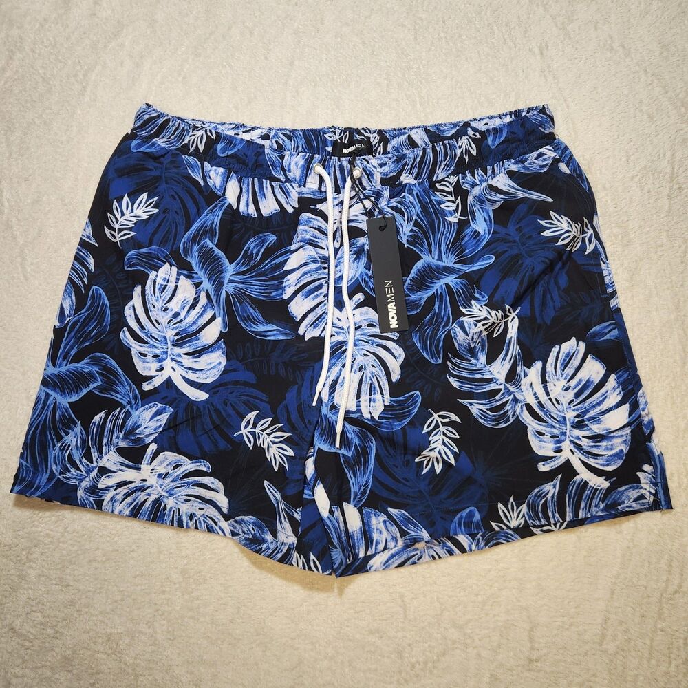 NOVAMEN Palm Sketches Men's XL Navy/Blue/White Floral Swim Trunks Pockets NWT